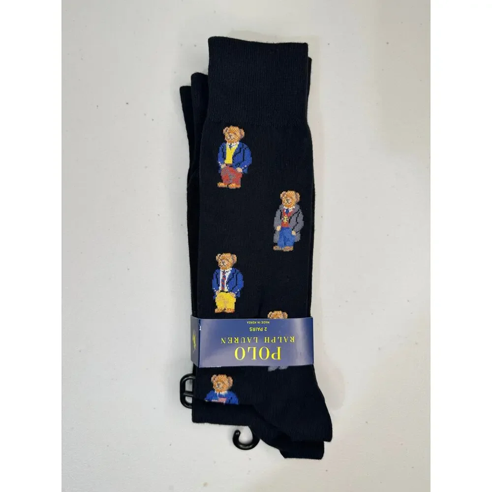 VTG Polo Ralph Lauren 2-Pack Black Cotton Blend Dress Socks RL Bear Logo 10-13